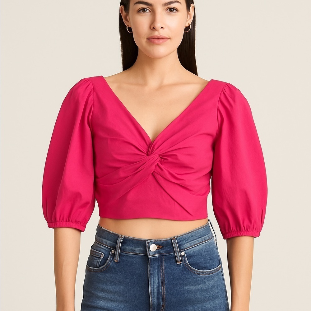 Jason Wu Hot Pink Puff Sleeve Twist Front Crop Top Size M - Picture 6 of 6